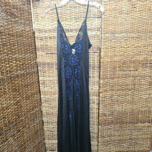 Black Satin Nightgown Women's M VTG Blue Lace Long Full Sweep Boutique USA